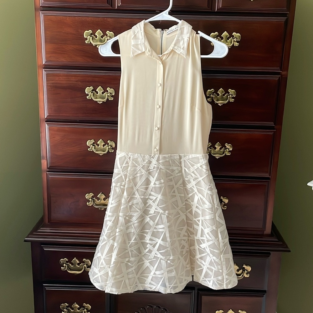 Like new Alice + Olivia cream dress with detailed skirt and back zipper detail.